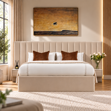 Luxury hotel style bed frame with wide vertical panel headboard handmade in UK