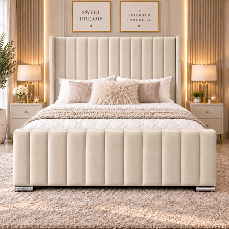 Vertical panel bed frame with 54 inch wingback headboard and chrome feet double 