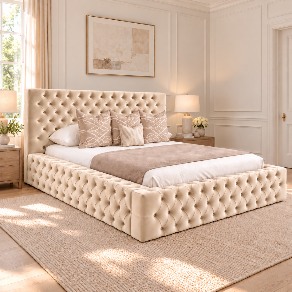 Luxury Chesterfield upholstered bed with 48-inch-deep button headboard