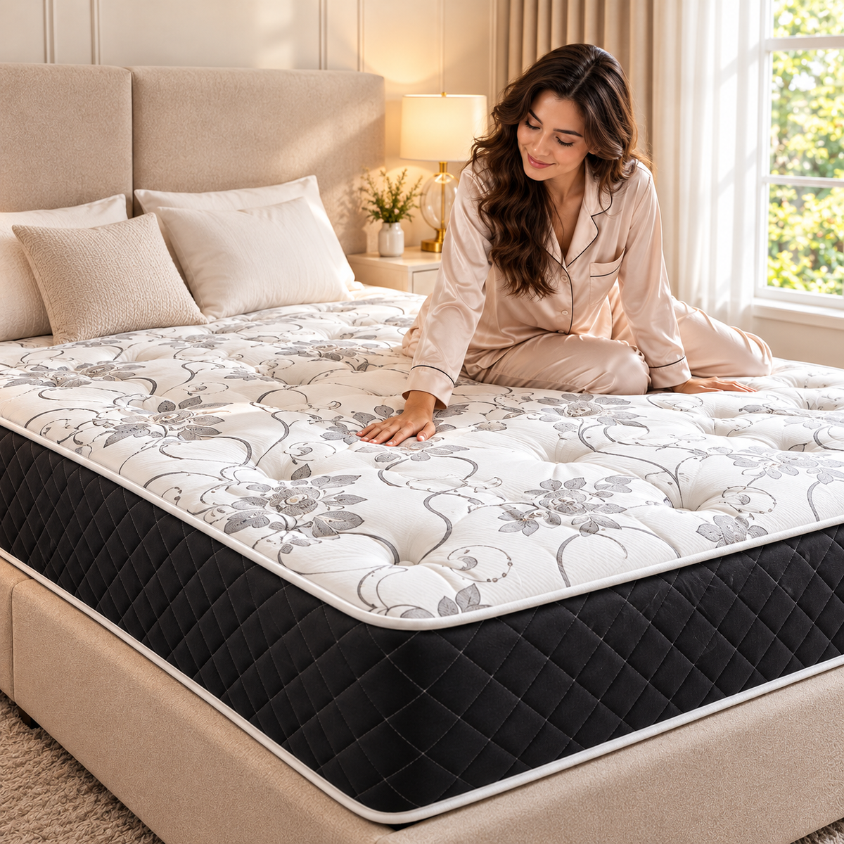 Orthopaedic Mattress UK – Close-up of a woman pressing the quilted mattress surface to demonstrate its cushioning and comfort.