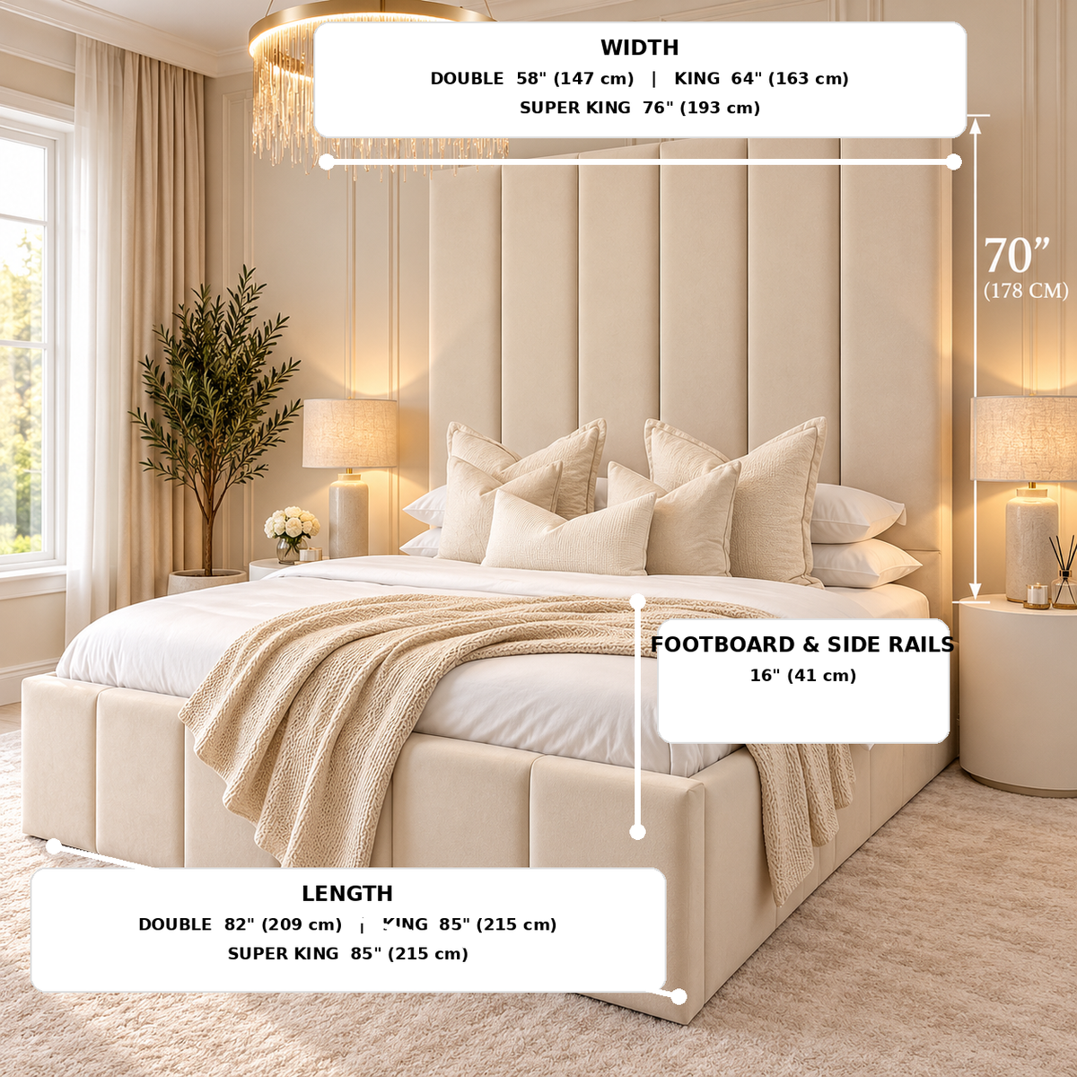 70 inch tall headboard bed frame in cream velvet with luxury vertical padded panels