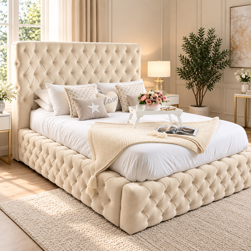 Windsor upholstered bed with luxury deep button Chesterfield tufted headboard