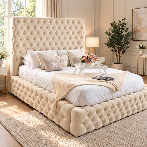 Luxury Chesterfield upholstered bed frame with tall button tufted headboard and matching sides