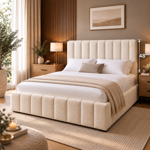 Luxury cream teddy bouclé upholstered bed with 48 inch vertical panel headboard